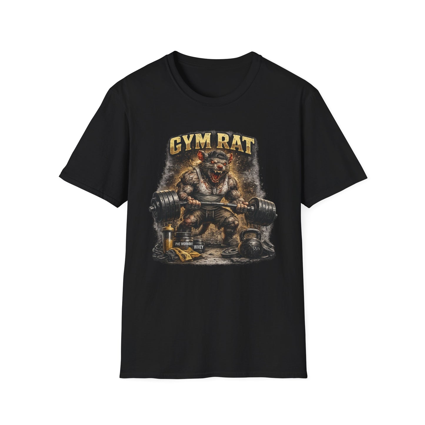 Gym Rat Illustration T-Shirt | Muscle Rat Lifting Weights Graphic Tee