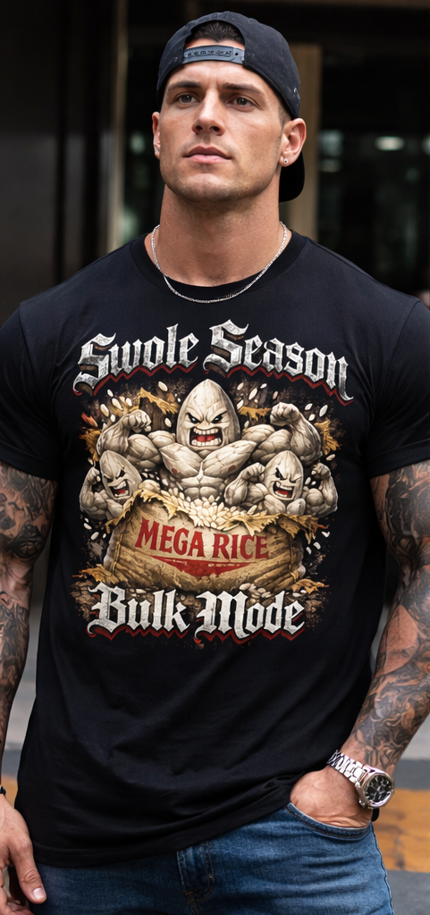 Swole Season Bulk Mode T-Shirt | Mega Rice Muscle Gym Graphic