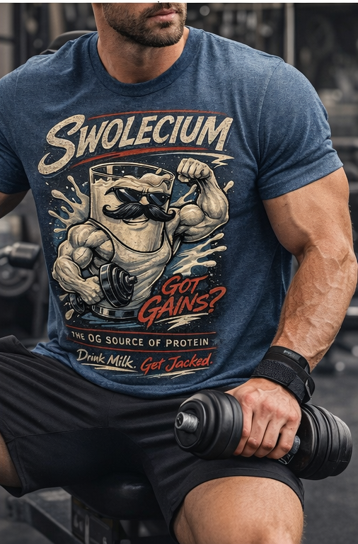 Swolecium Muscle Cartoon Milk Bottle Graphic Tee | Protein Humor T-Shirt