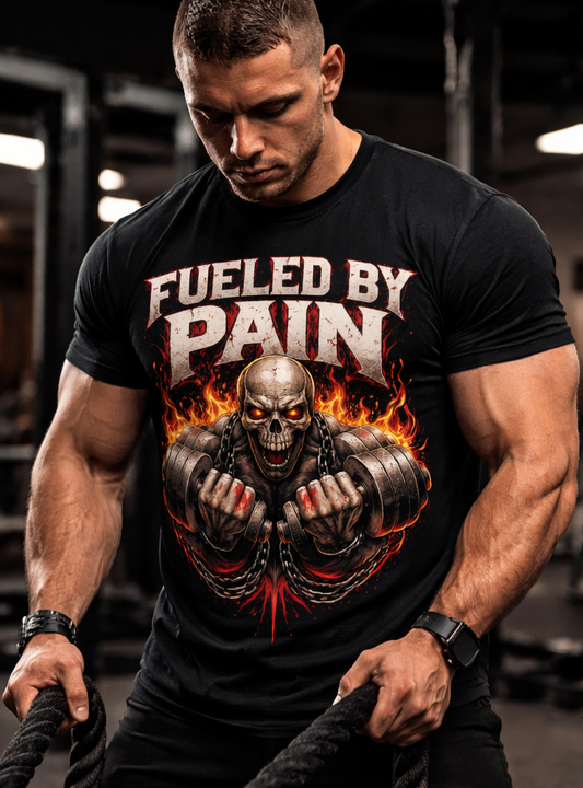 Fueled By Pain Skull Weightlifting T-Shirt | Flaming Barbell Gym Graphic