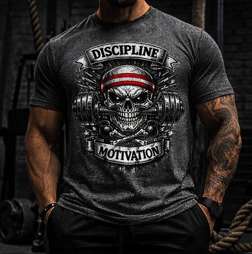 Discipline Over Motivation Skull with Barbell T-Shirt | Gym Workout Tee