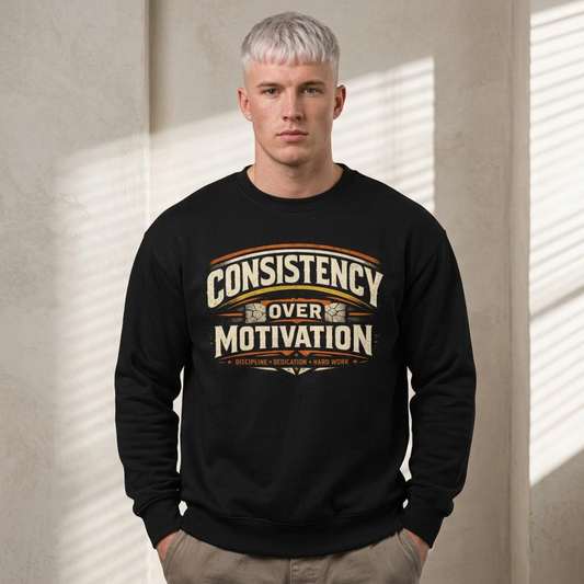 Consistency Over Motivation Crewneck Sweatshirt | Fitness Quote Pullover | Gym Appeal