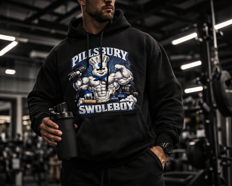 Pillsbury Swoleboy Hoodie | Rise Lift Bulk Back Print | Funny Gym Appeal