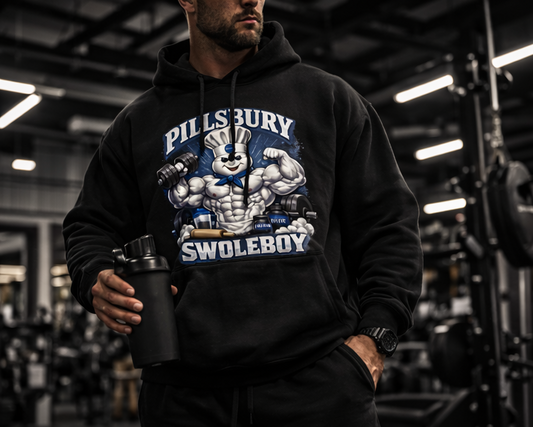 Pillsbury Swoleboy Hoodie | Rise Lift Bulk Back Print | Funny Gym Appeal