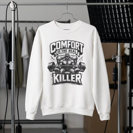 Comfort Is The Real Killer sweatshirt | Weightlifting Barbell Graphic | Fitness crewneck