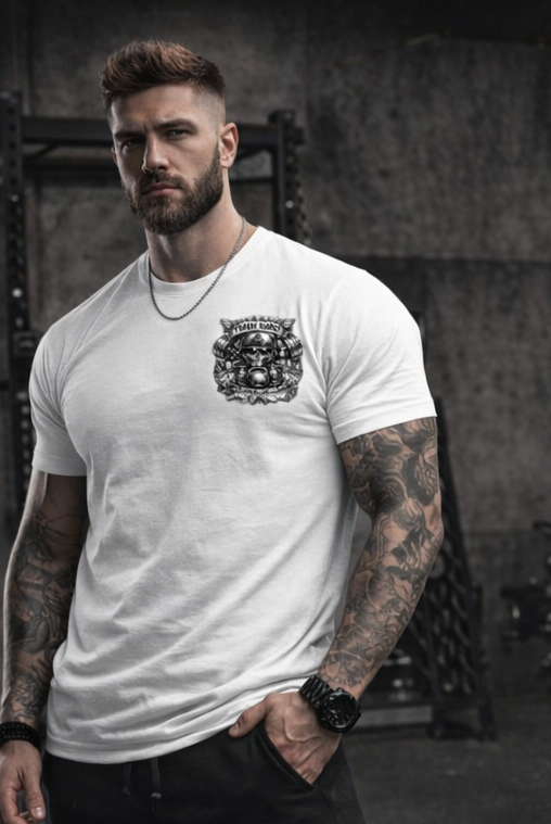 Train Hard No Excuses Skull Kettlebell T-shirt | Gym Workout Tee