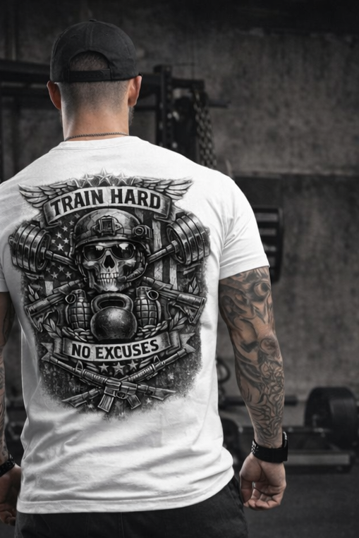 Train Hard No Excuses Skull Kettlebell T-shirt | Gym Workout Tee