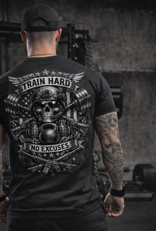 Train Hard No Excuses Skull Kettlebell T-shirt | Gym Workout Tee