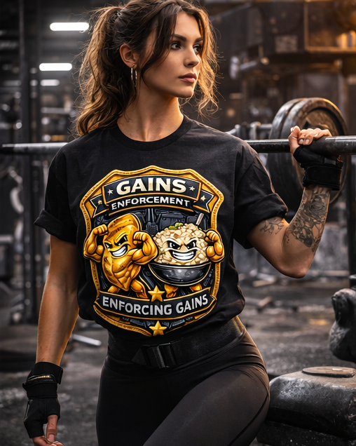 Gains Enforcement Badge T-Shirt | Enforcing Gains Gym Workout Shirt