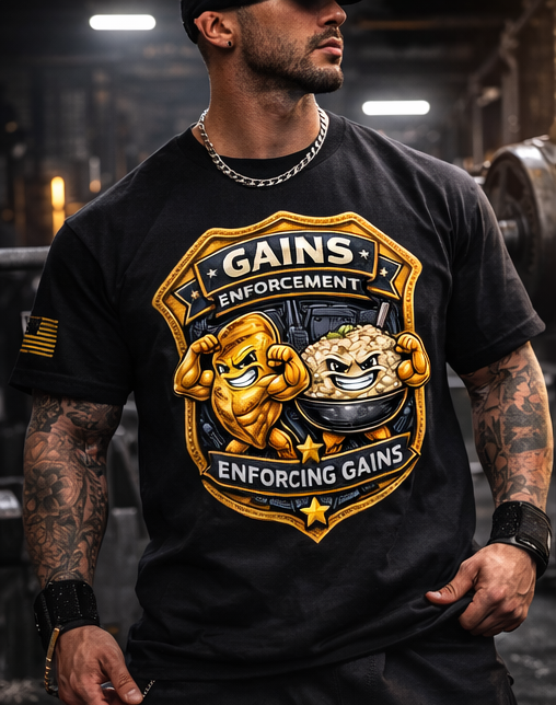 Gains Enforcement Badge T-Shirt | Enforcing Gains Gym Workout Shirt
