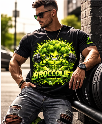 Broccolift muscular broccoli character T-Shirt | weightlifting gym veggie design