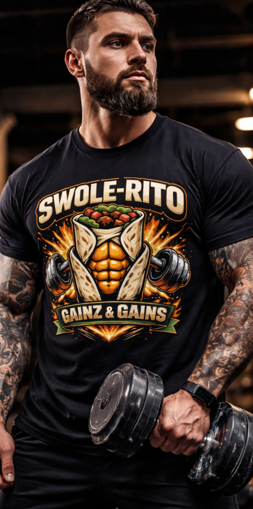 Swole-Rito Gainz & Gains T-Shirt | Fitness Burrito Gym Workout Tee