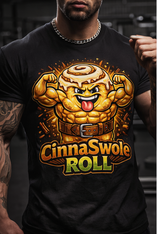Muscular Cinnamon Roll T-Shirt | Fitness Bakery Illustration