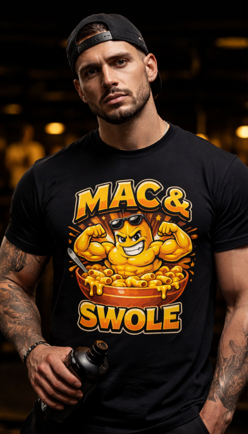 Mac & Swole Mascot Macaroni T-Shirt | Fitness Food Humor
