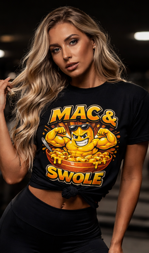 Mac & Swole Mascot Macaroni T-Shirt | Fitness Food Humor
