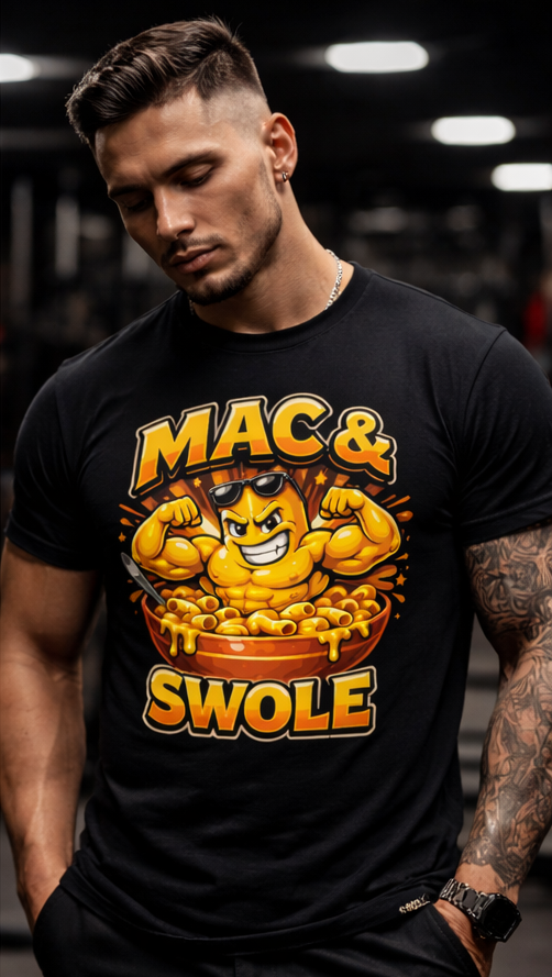 Mac & Swole Mascot Macaroni T-Shirt | Fitness Food Humor