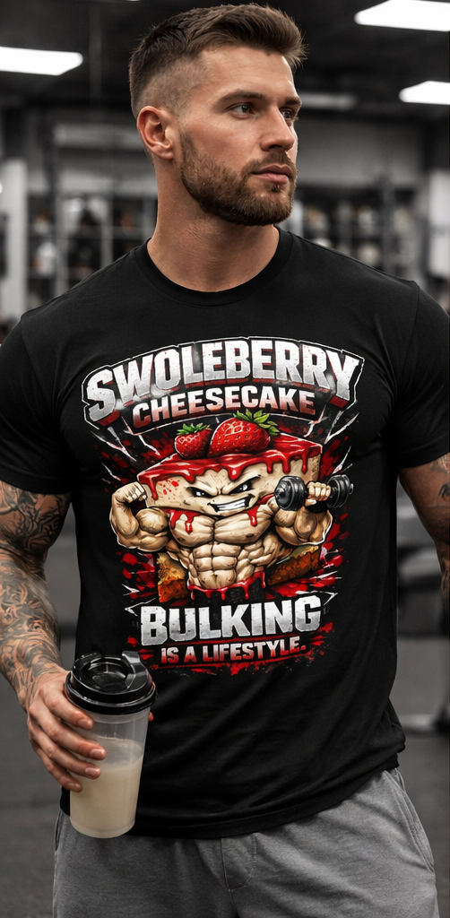 Swoleberry Cheesecake Muscle Cartoon T-Shirt | Funny Fitness Dessert Design