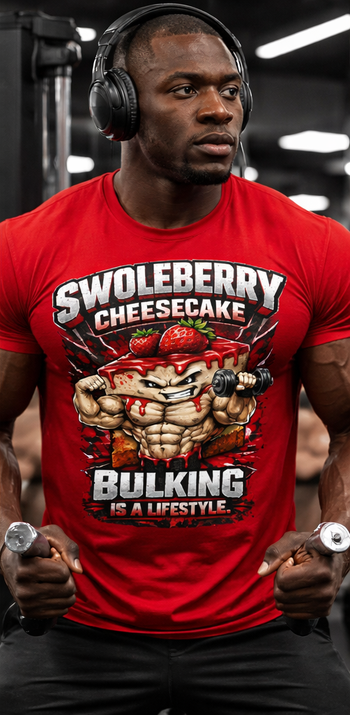 Swoleberry Cheesecake Muscle Cartoon T-Shirt | Funny Fitness Dessert Design