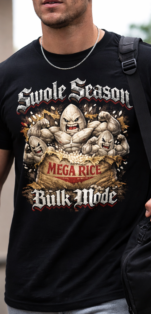 Swole Season Bulk Mode T-Shirt | Mega Rice Muscle Gym Graphic