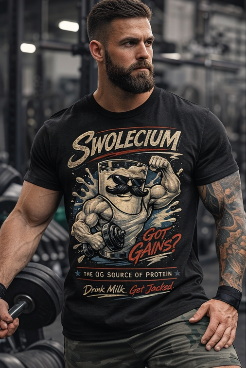 Swolecium Muscle Cartoon Milk Bottle Graphic Tee | Protein Humor T-Shirt