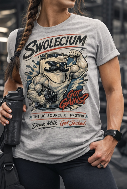Swolecium Muscle Cartoon Milk Bottle Graphic Tee | Protein Humor T-Shirt