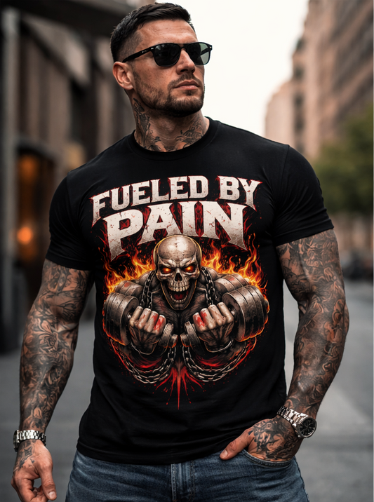 Fueled By Pain Skull Weightlifting T-Shirt | Flaming Barbell Gym Graphic
