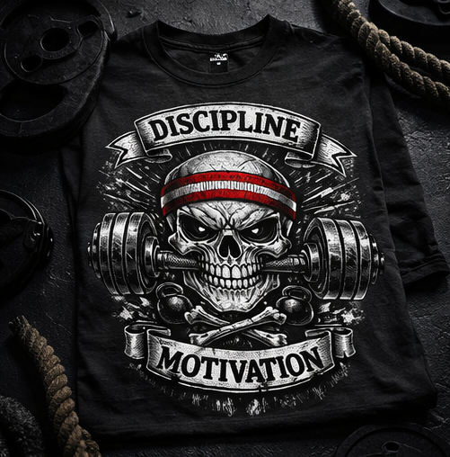 Discipline Over Motivation Skull with Barbell T-Shirt | Gym Workout Tee