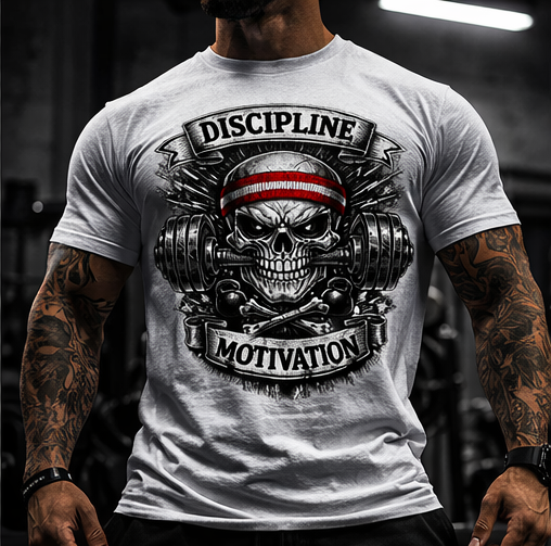 Discipline Over Motivation Skull with Barbell T-Shirt | Gym Workout Tee