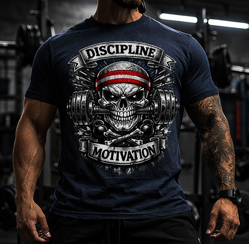 Discipline Over Motivation Skull with Barbell T-Shirt | Gym Workout Tee