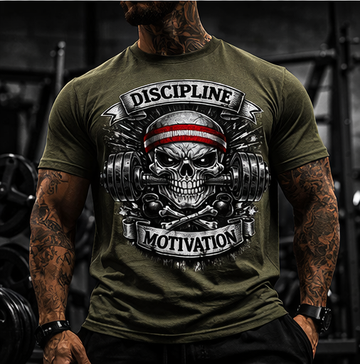 Discipline Over Motivation Skull with Barbell T-Shirt | Gym Workout Tee