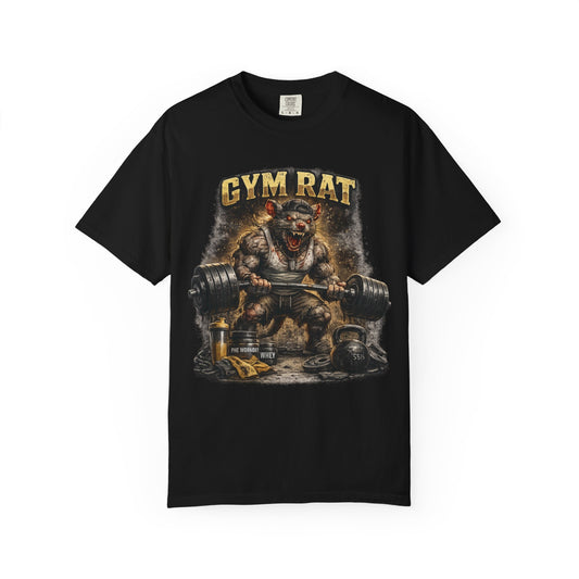 Gym Rat graphic T-Shirt | Muscle Rat lifting barbell, gym equipment illustration