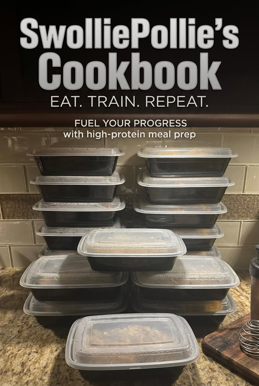 Black meal-prep containers with clear lids stacked on a kitchen countertop.